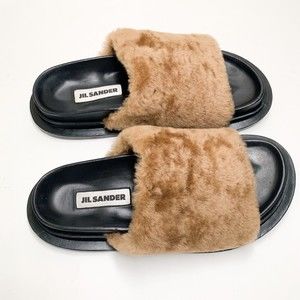 Jil Sander Fluffy Strap Shearling Flat Slide Sandals 39 US 9 Brown Black